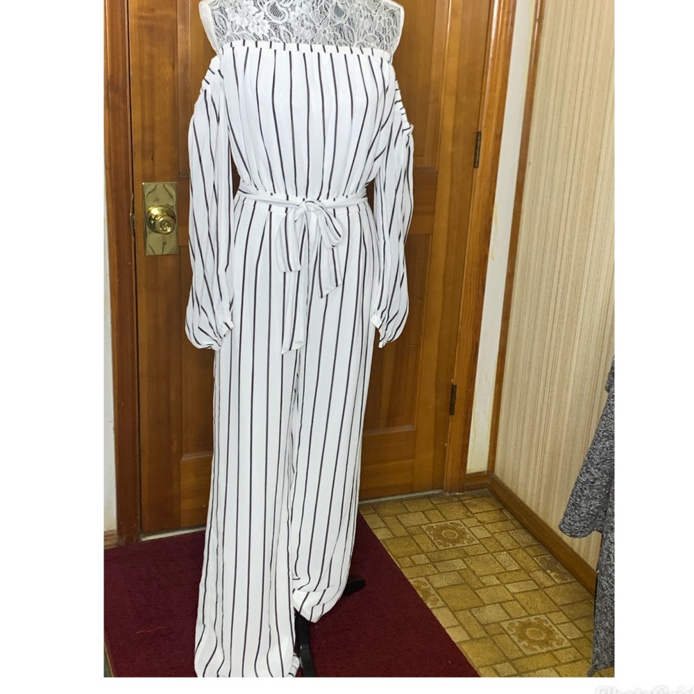 Stripped off  the shoulder jumpsuit